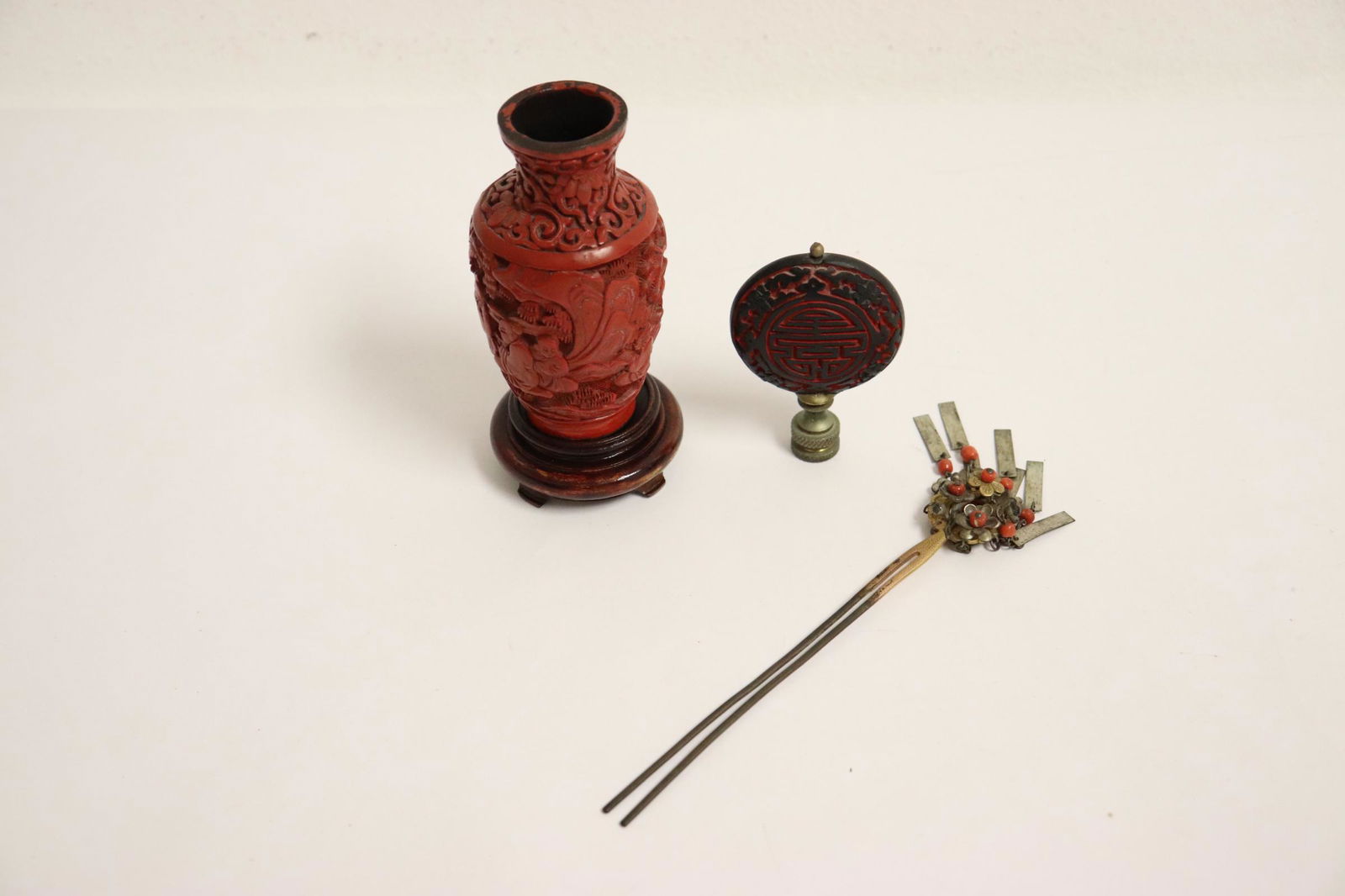 3 items: Chinese antique cinnabar vase (3.95"Hx2"dia), antique hairpin with coral (6"L) and a cinnabar lamp finial (2.95"H), NO INTERNATIONAL SHIPPING OF CORAL