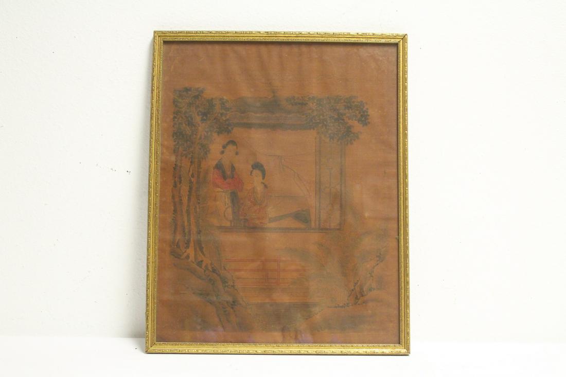 Chinese antique watercolor on silk panel: Chinese antique watercolor on silk panel depicting garden scene with ladies, 15.5"x12.13"