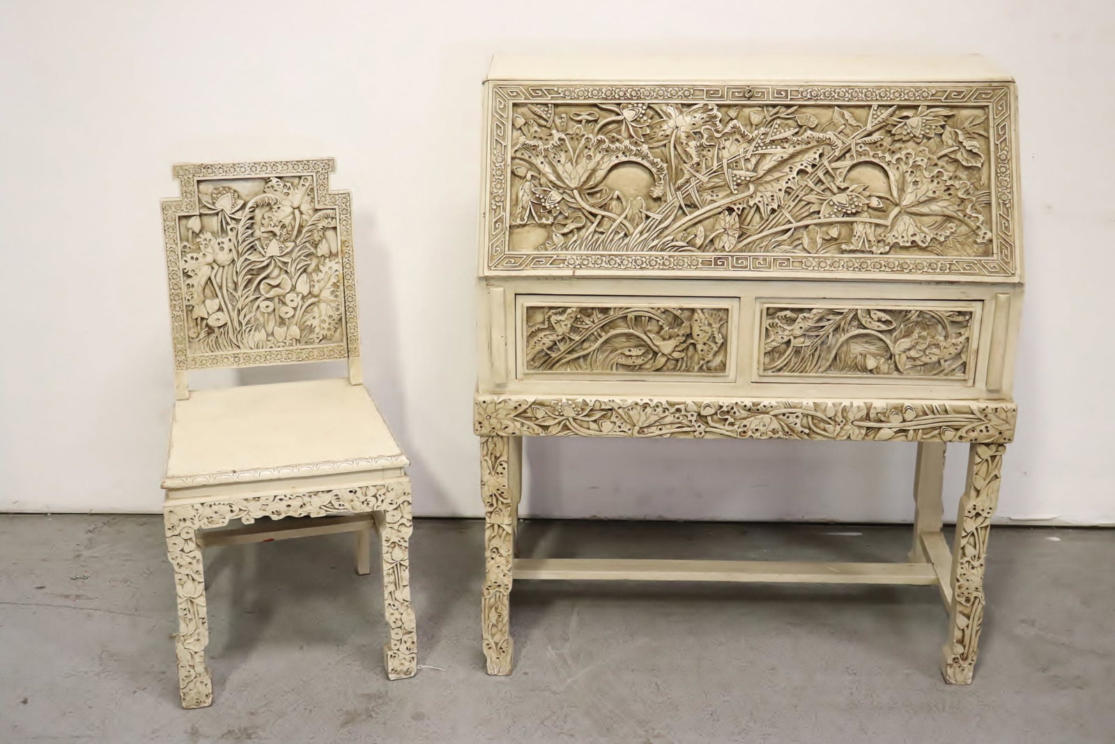 Chinese 19th/20th c. carved wood desk & chair (1 of 12)