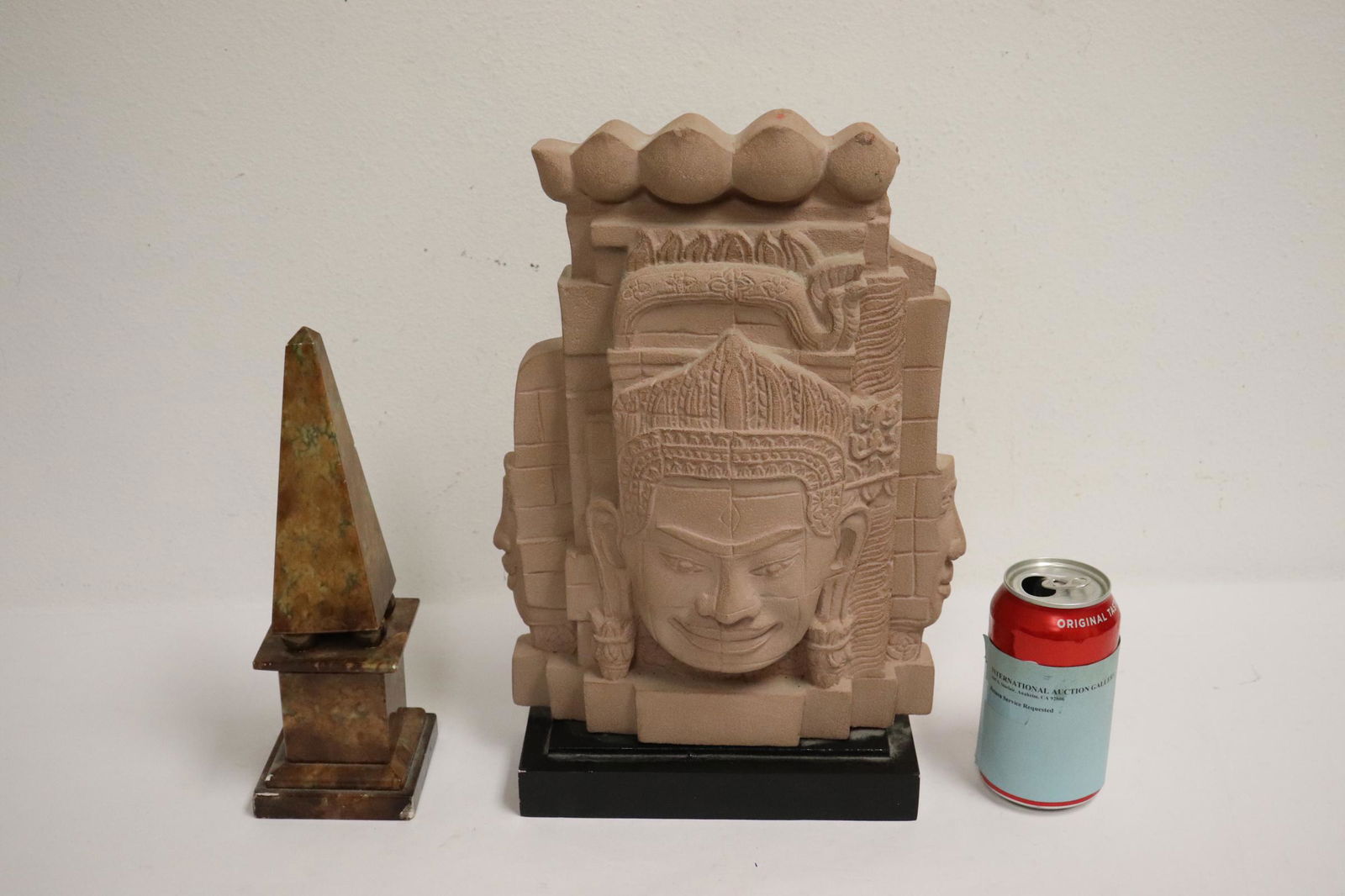 Azetak pottery sculpture and an alabaster obelisk: Azetak pottery sculpture (14.2"H) and an alabaster obelisk (10.2"H)