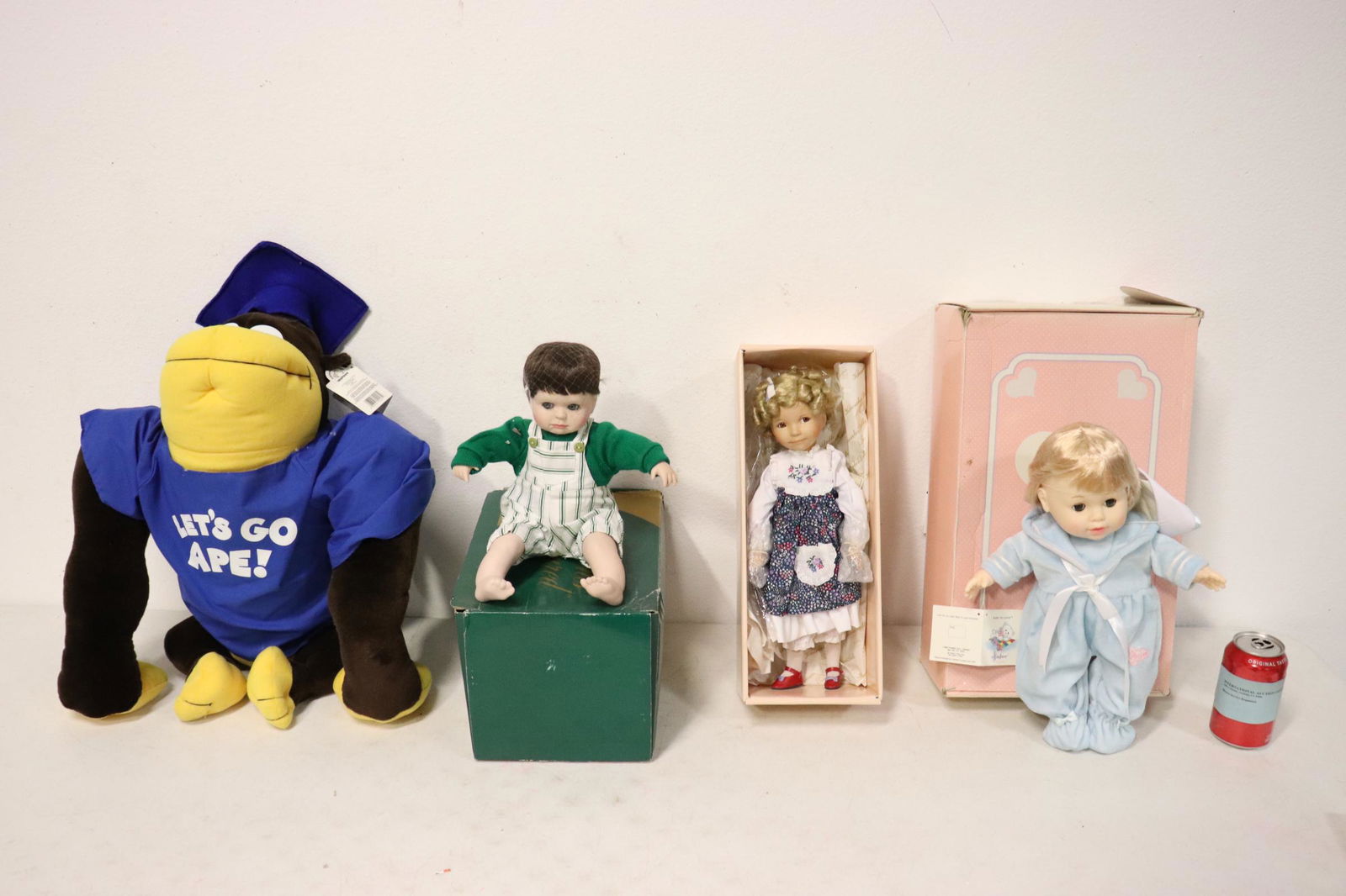 3 fashion dolls: 3 fashion dolls; including an Effanbee baby and a large stuffed animal "Let's Go Ape" by Applause