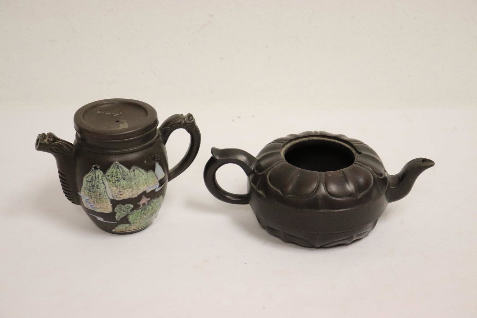 2 vintage Yixing teapots, one missing top: 2 vintage Yixing teapots, one missing top, 3.63"Hx4.95"x2.8", 2.75"Hx6.85"x4.15"