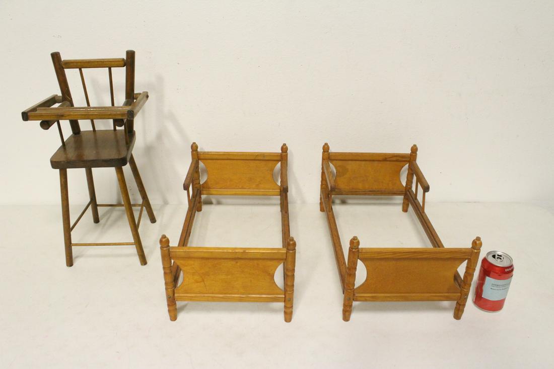 A doll chair and 2 doll beds: A doll chair (8.85"H) and 2 doll beds (8.1"Hx17.5"x10" each)