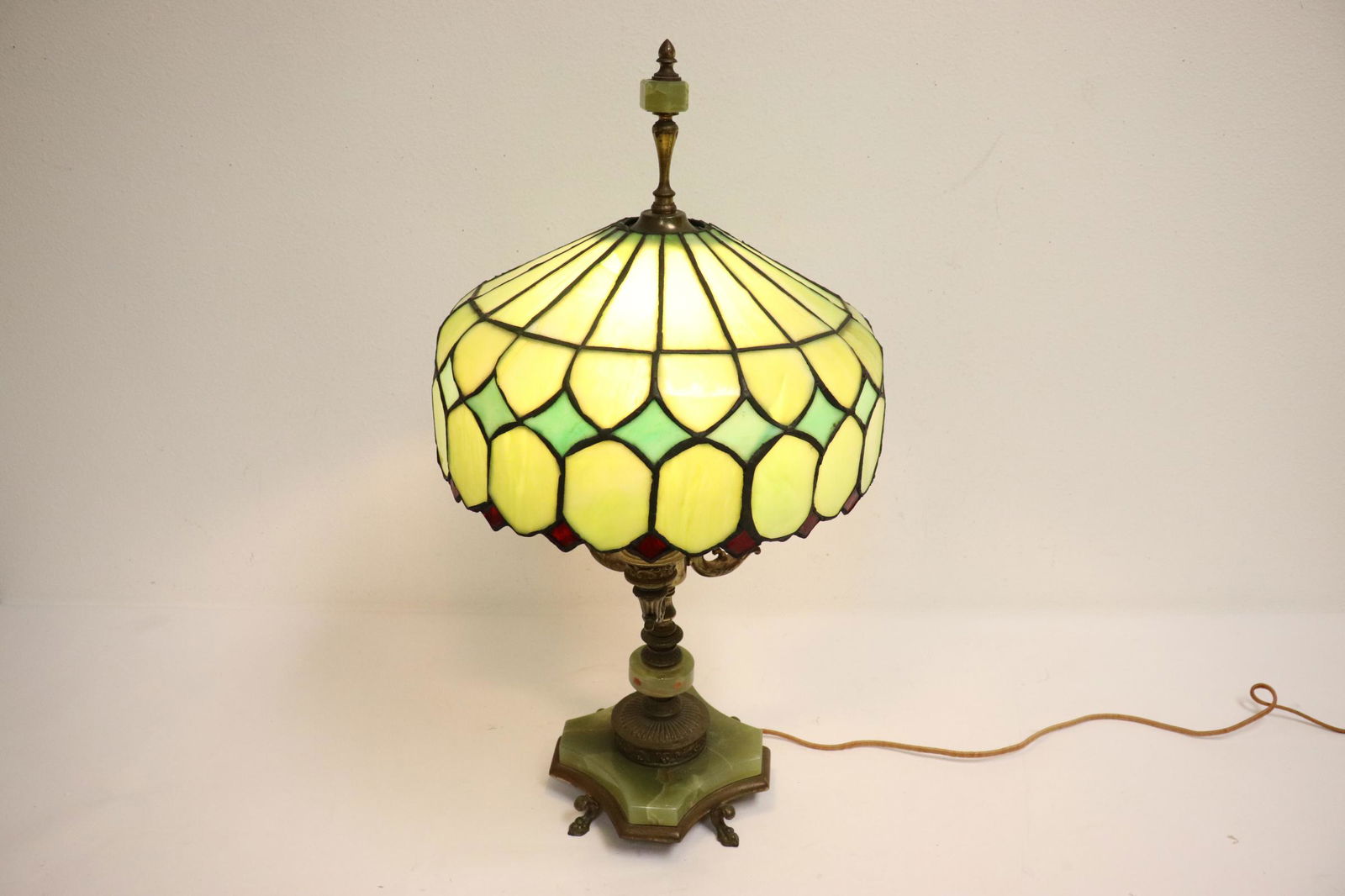 onyx based bronze lamp with leaded glass shade (1 of 10)