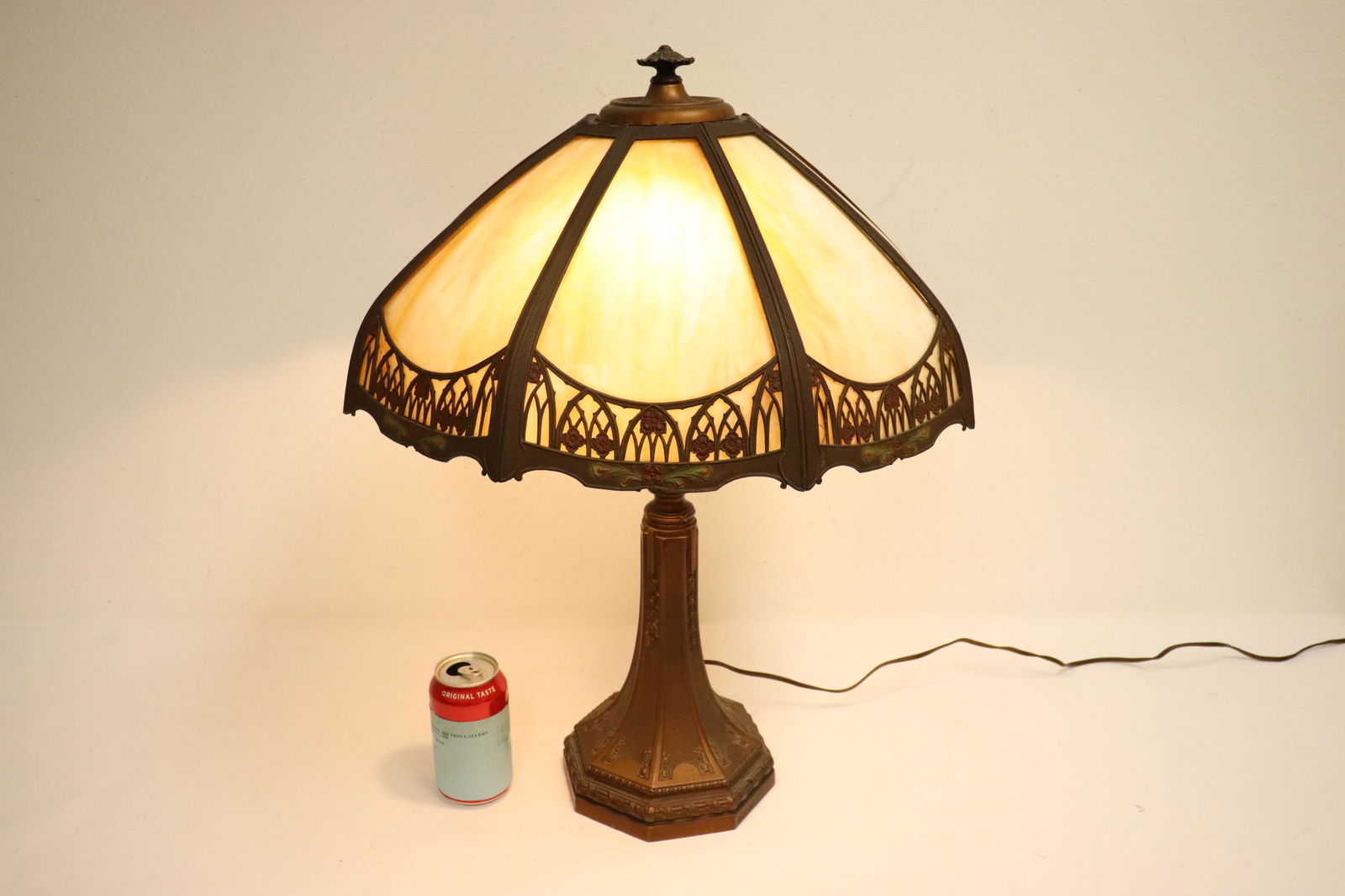 bronze lamp w/ leaded glass shade, signed Handel (1 of 10)