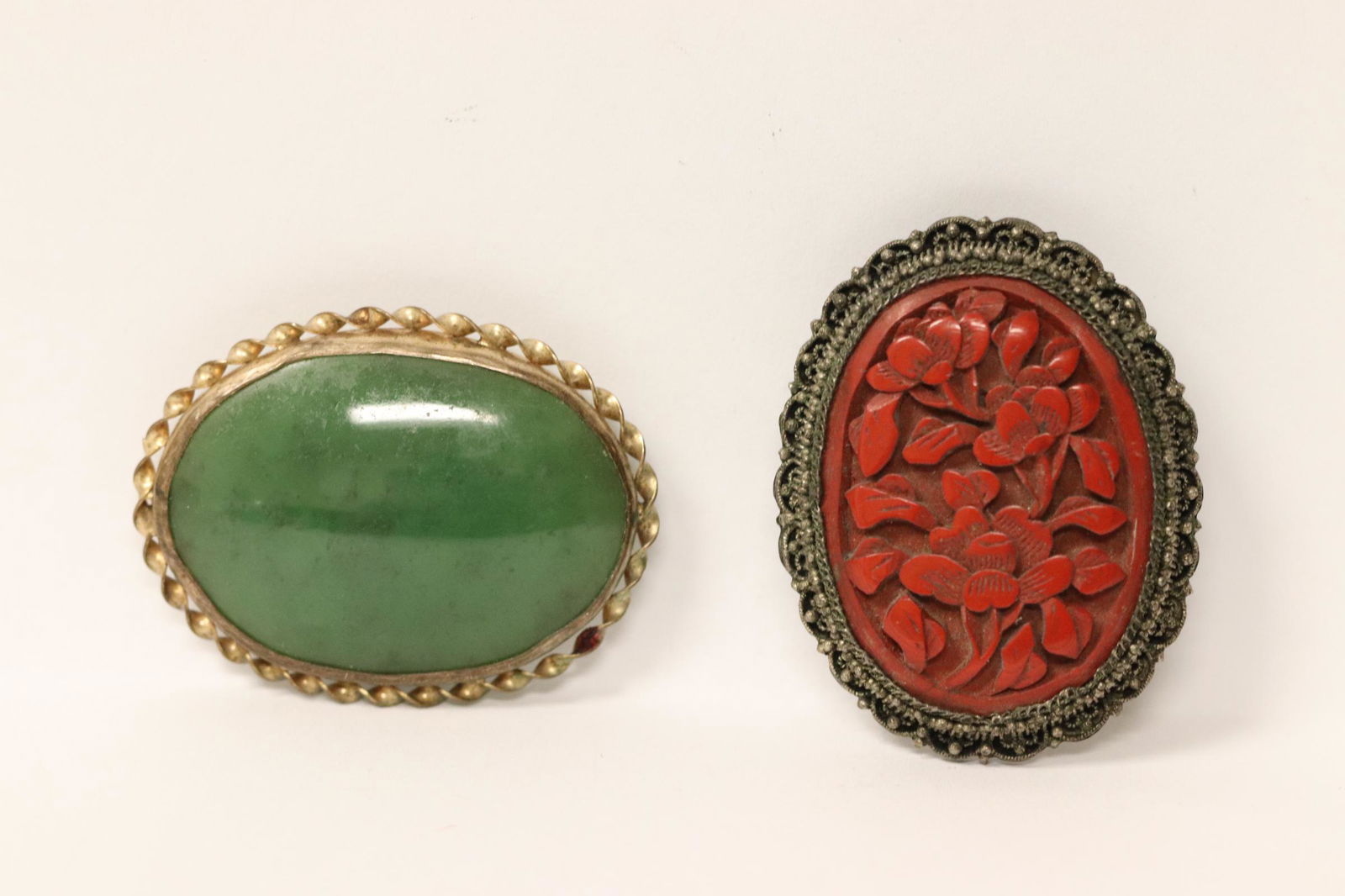 Antique jade brooch, and antique cinnabar brooch (1 of 10)