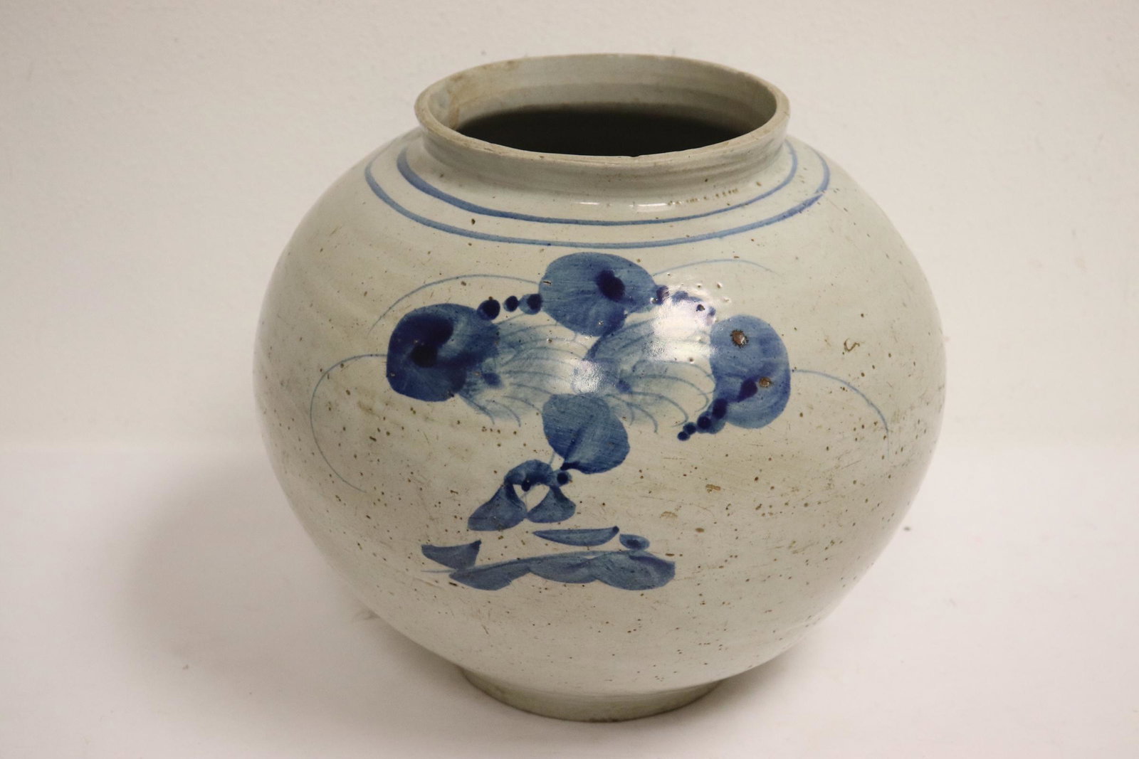 A vintage Korean blue and white jar: A vintage Korean blue and white jar, 10.9"Hx12.5"dia