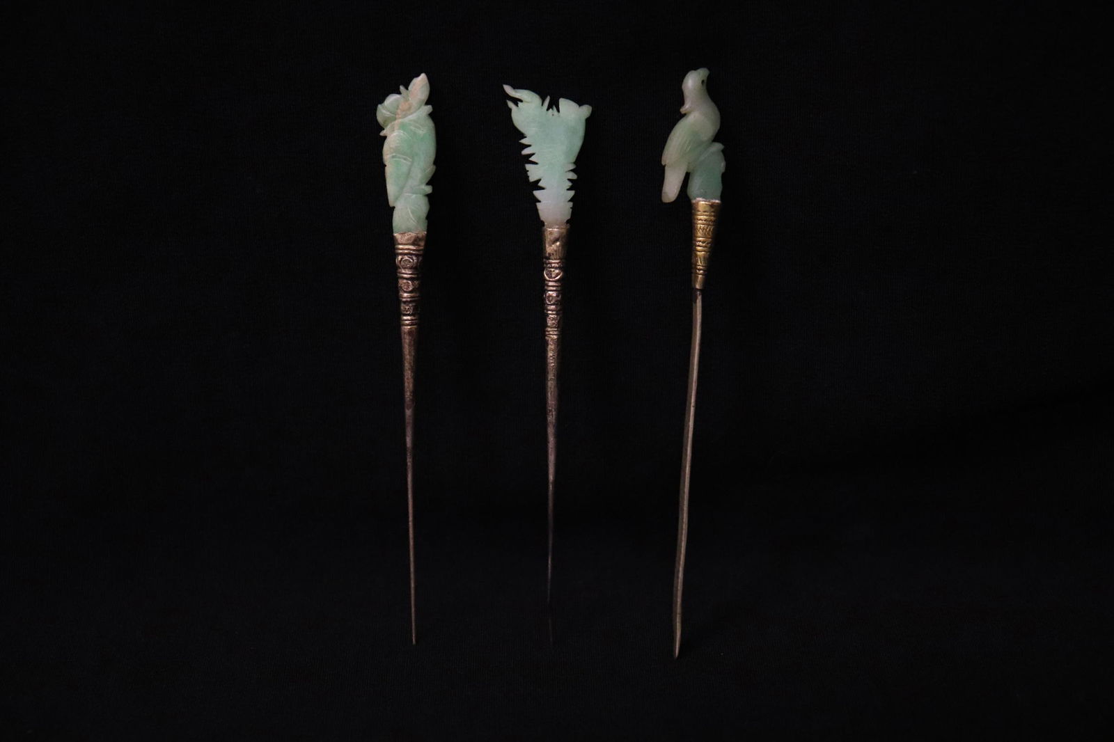 3 Chinese antique silver picker w/ jadeite carved: 3 Chinese antique silver picker with jadeite carved finial, 4"L each