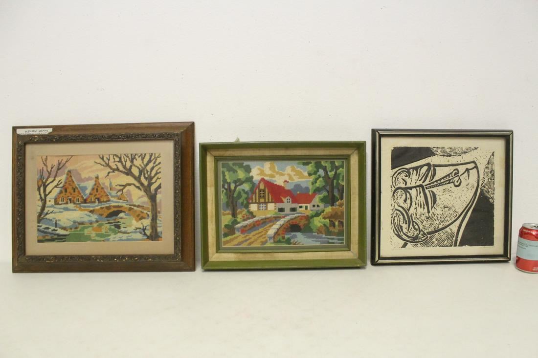 A framed etching and 2 framed needle points (1 of 10)