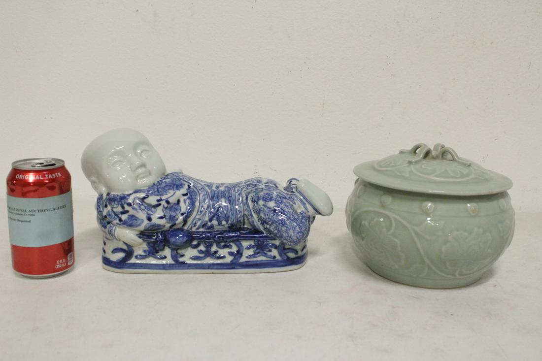 Chinese porcelain pillow & a celadon covered bowl (1 of 10)