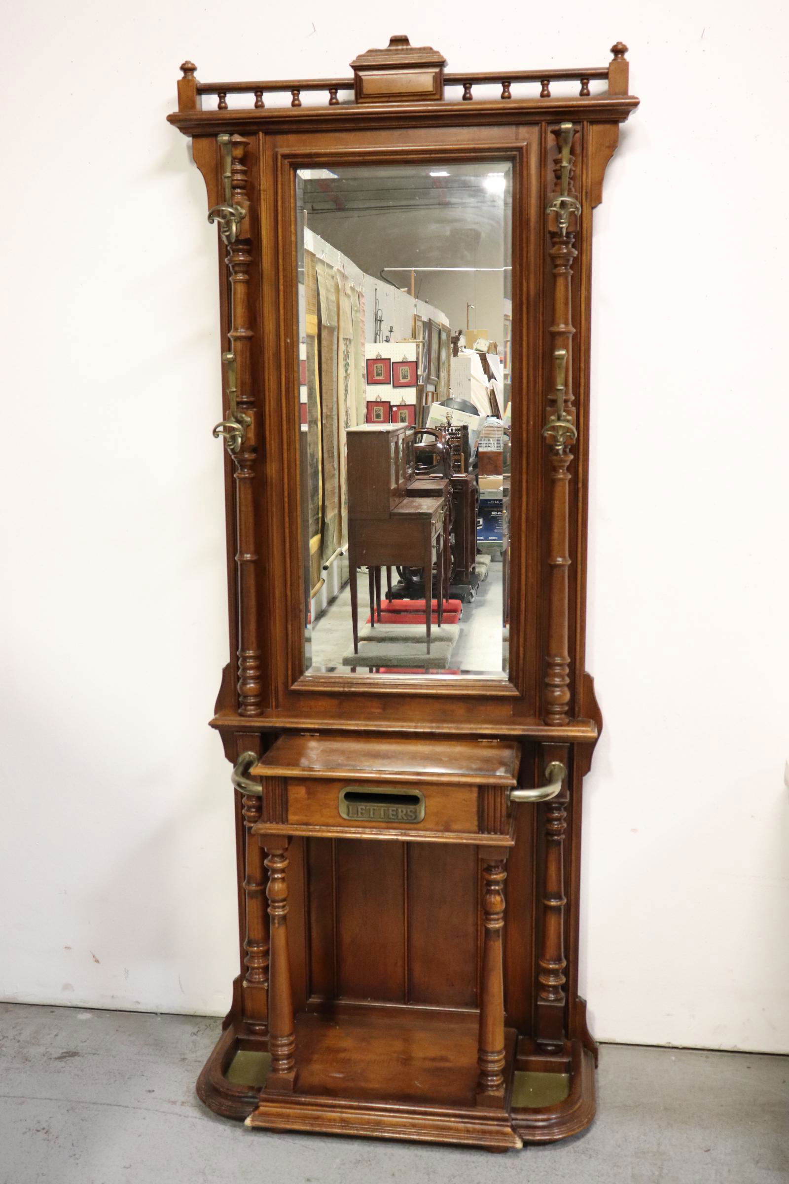 Victorian walnut hall tree with beveled glass mirror (1 of 10)