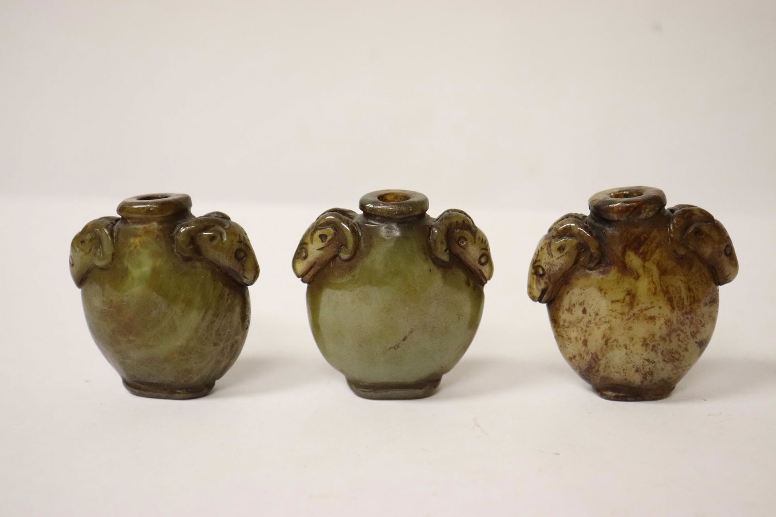 3 Chinese jadeite like stone carved snuff bottles (1 of 10)