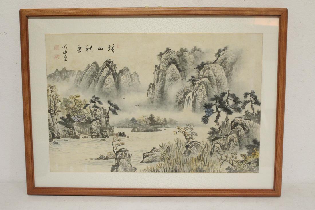 Korean watercolor on rice paper "landscape w/ lake": Korean watercolor on rice paper "landscape with lake", 16"x24.4"