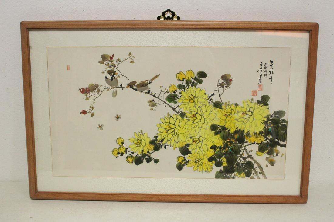Korean w/c on rice paper "birds and chrysanthemum": Korean watercolor on rice paper "birds and chrysanthemum", 15"x26.7"