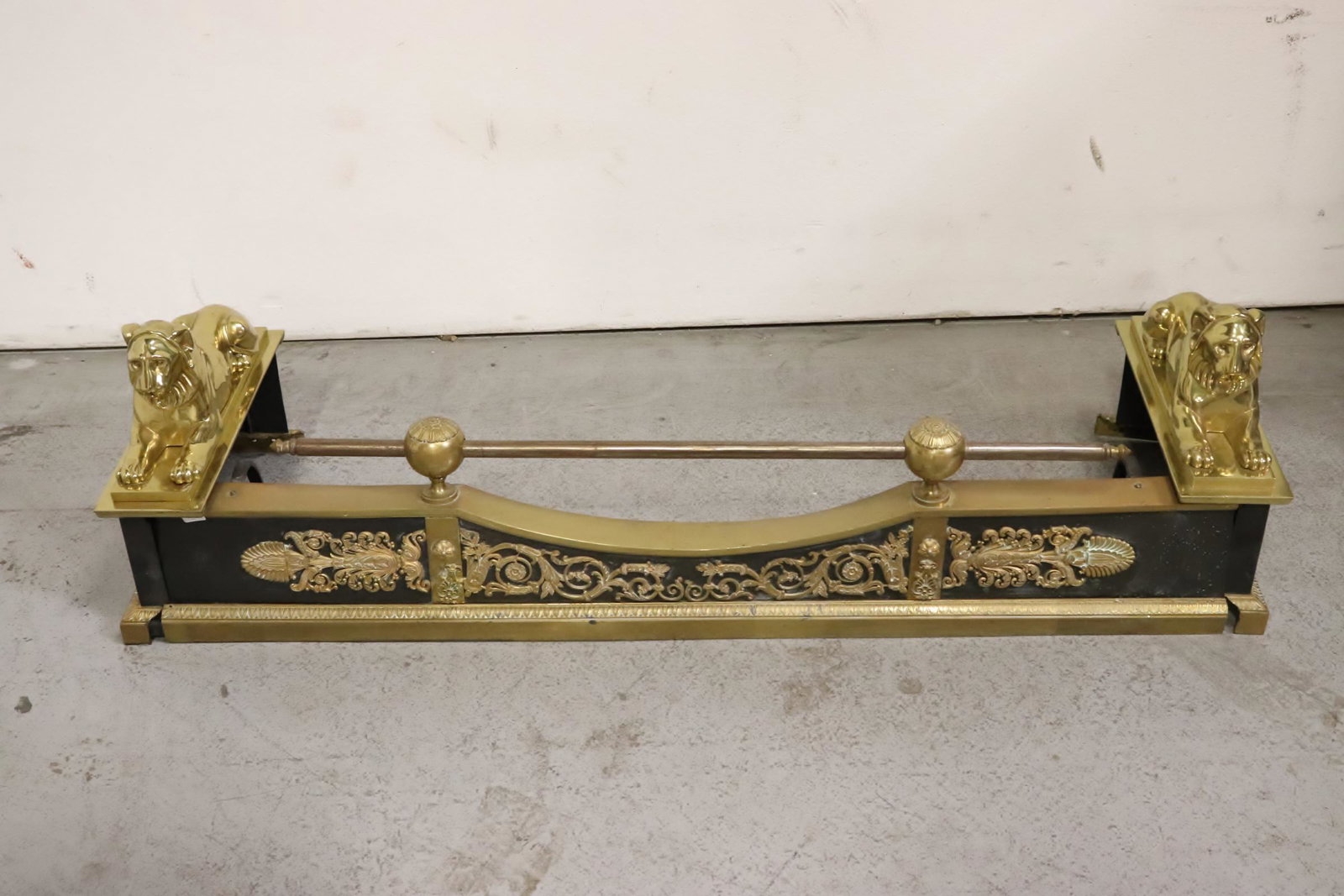 Beautiful European fireplace fender: Beautiful European fireplace fender with lion motif decoration, 12.8"Hx46.9"x14.5"