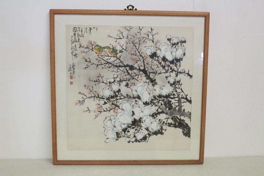 Korean watercolor on rice paper: Korean watercolor on rice paper depicting birds and flowers, 25"x25"