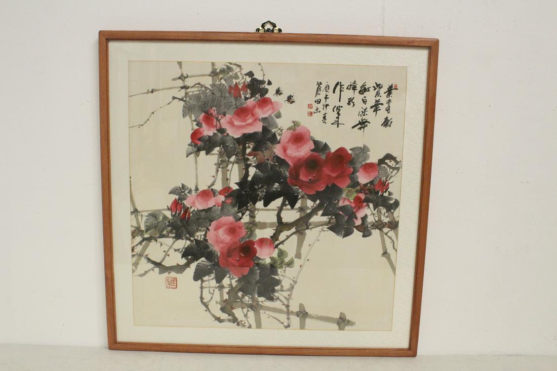 Korean watercolor on rice paper: Korean watercolor on rice paper depicting flowers and bees, 25.75"x26"
