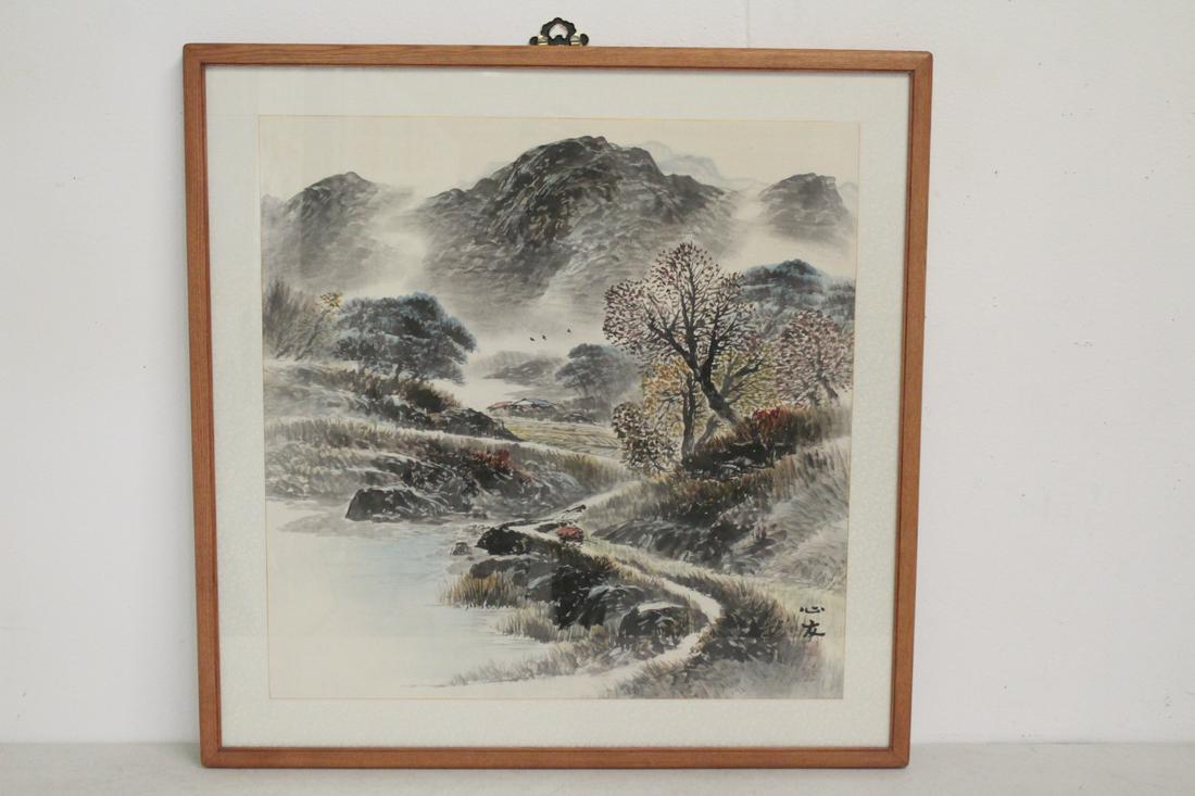 Korean watercolor on rice paper: Korean watercolor on rice paper depicting mountain landscape, 25.25"x25.25"