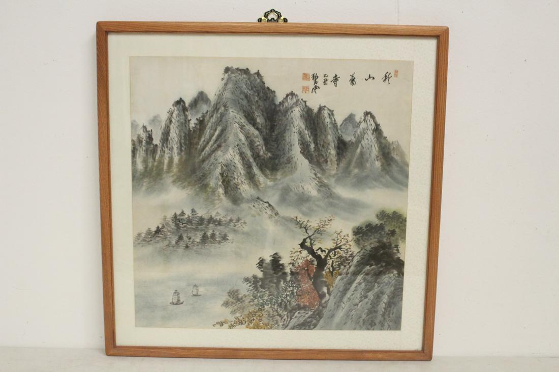 Korean watercolor on rice paper: Korean watercolor on rice paper depicting mountain landscape, 23.5"x23.25"