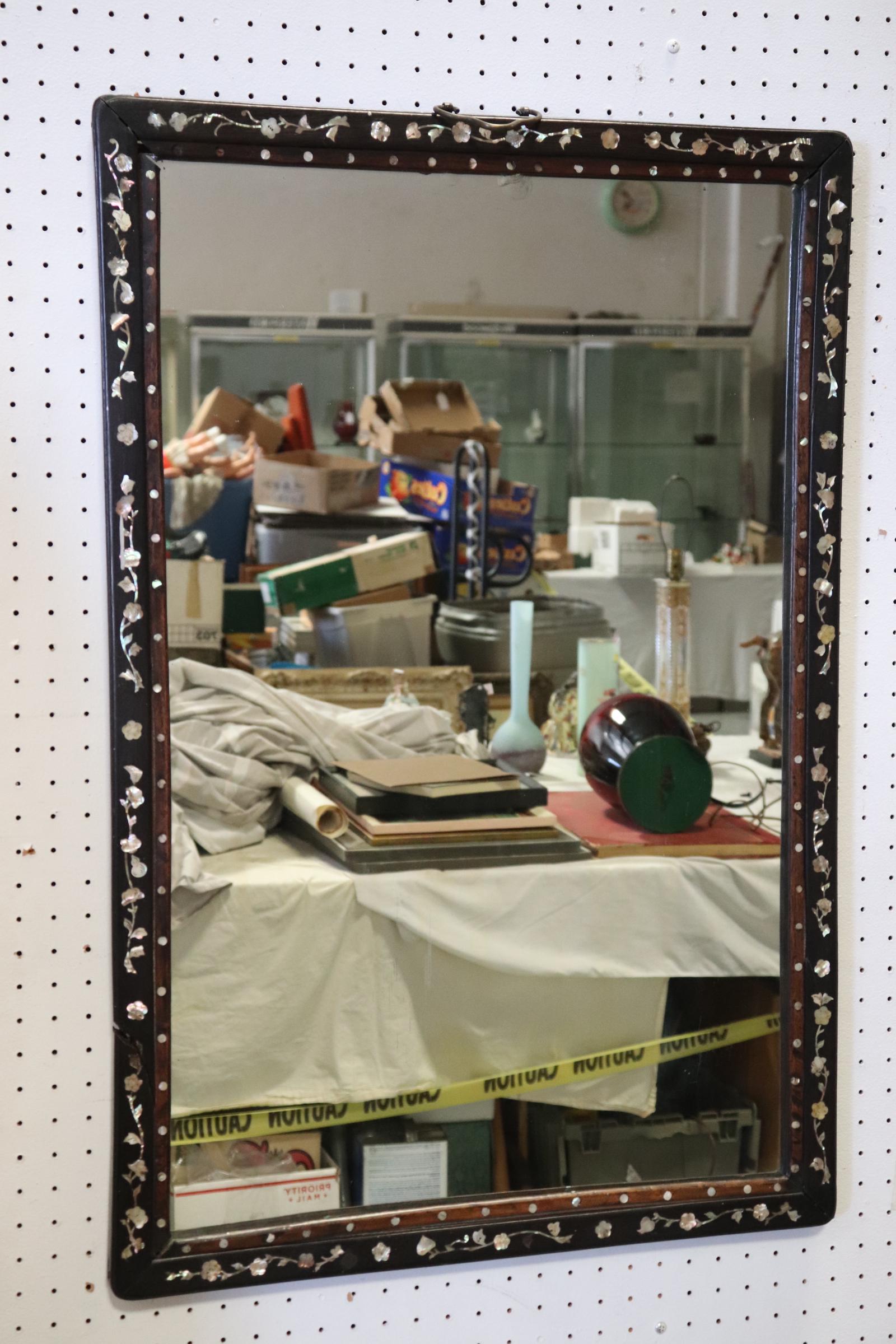 Antique Chinese rosewood mirror w/MOP inlaid: Antique Chinese rosewood mirror with mother of pearl inlaid, frame wood crack, 34.75"Hx23"x1"