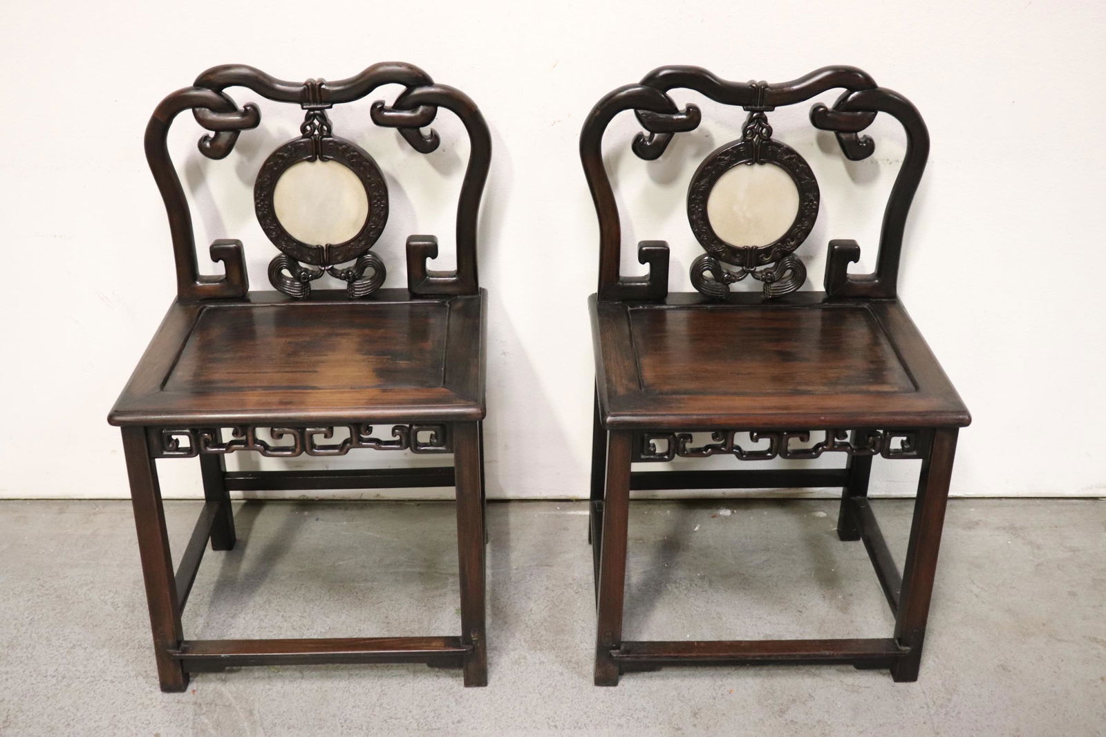 Pr Chinese rosewood chairs with marble plaque (1 of 12)