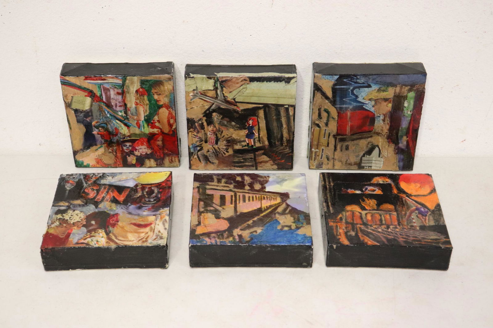 6 oil/ collage paintings by a Southern California: 6 oil/ collage paintings by a Southern California artist, unsigned, 6"x6" each