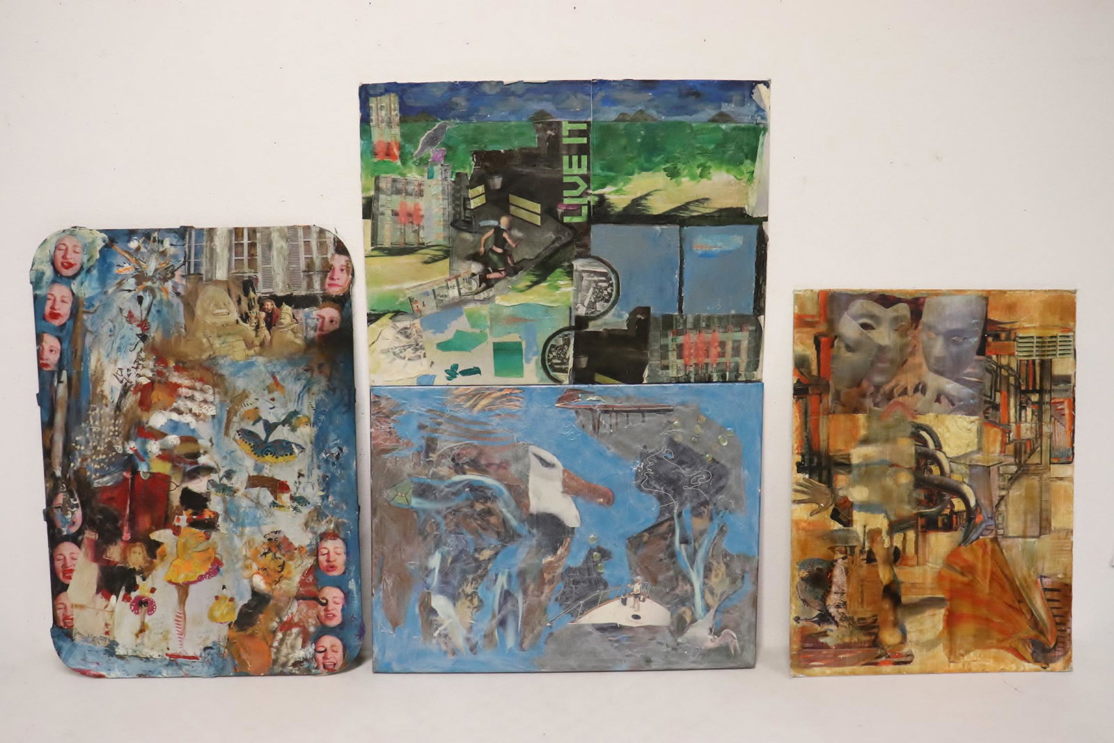 4 unframed oil/ collage paintings: 4 unframed oil/ collage paintings by a Southern California artist, 18"x24" - 27.7"x19.3"