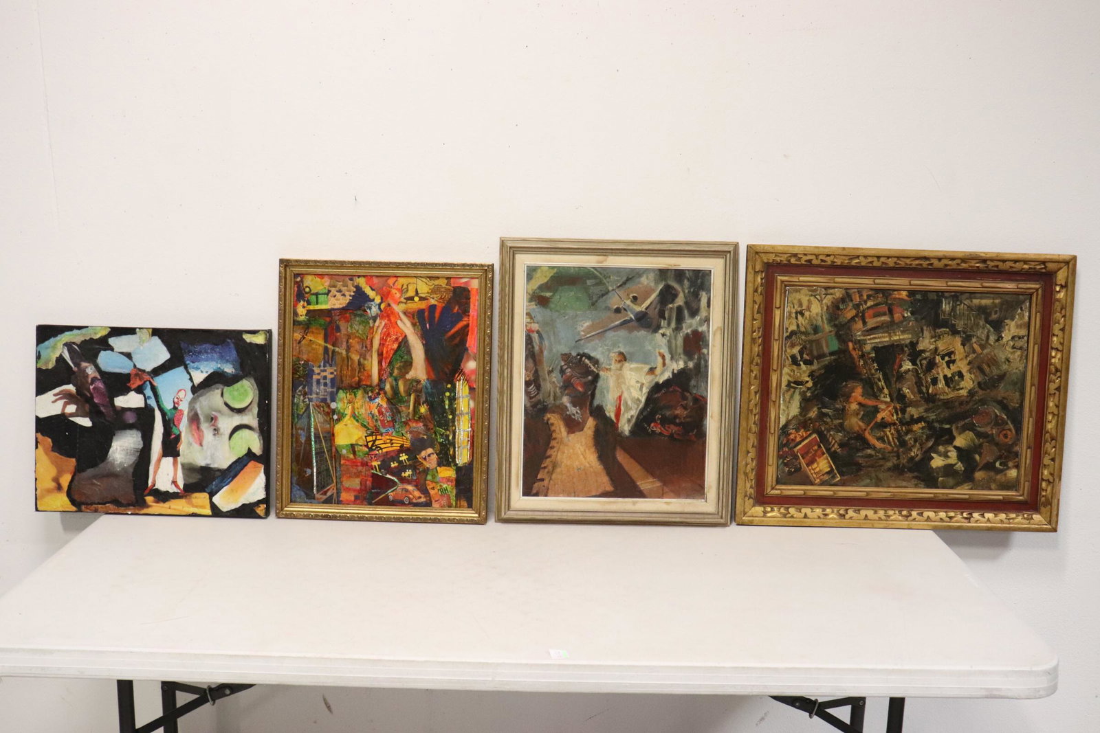 4 framed oil/ collage paintings: 4 framed oil/ collage paintings by a Southern California artist, 16"x20" - 17"x21.2"