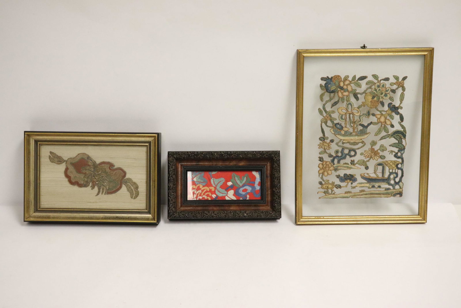 3 Chinese antique framed embroidery panels: 3 Chinese antique framed embroidery panels, 2.2"x5.5", 2.75"x7", 9"x6.2"