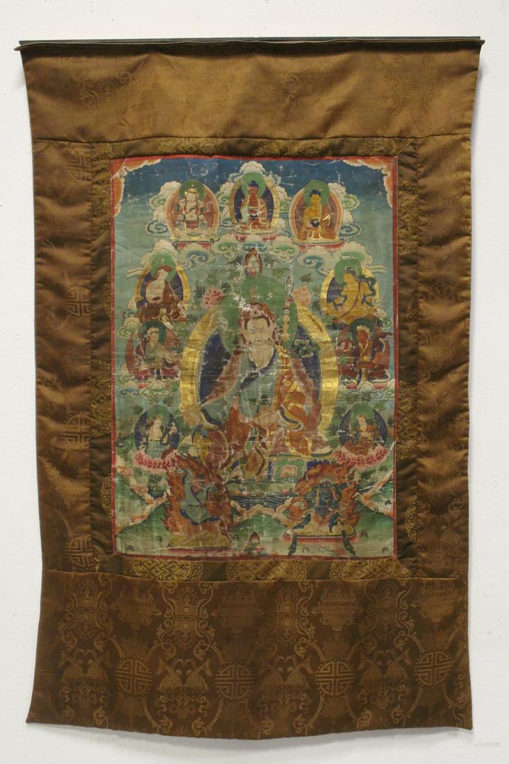 Chinese antique hand painted Tibetan thangka: An important Chinese antique hand painted Tibetan thangka, 26.8"x19"(47.75"x31.5")