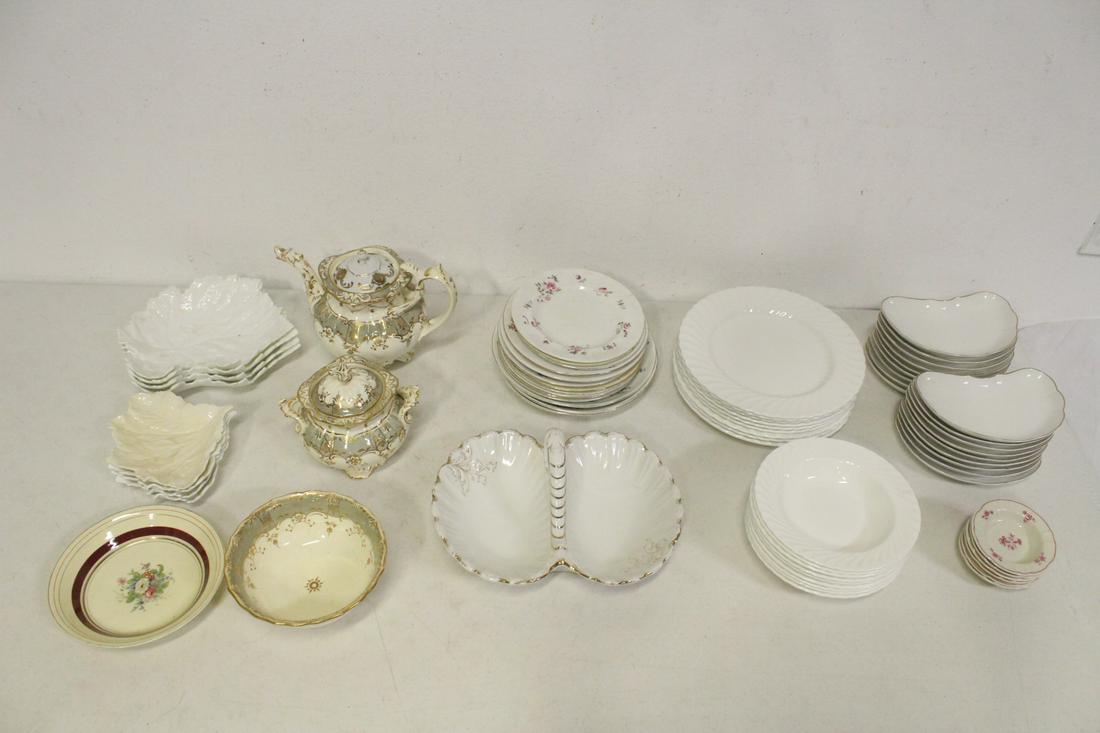 Large lot of misc. porcelain pieces: Large lot of misc. porcelain pieces; including a KPM candy dish, teapot (cover replacement), blue and white cream (no top)
