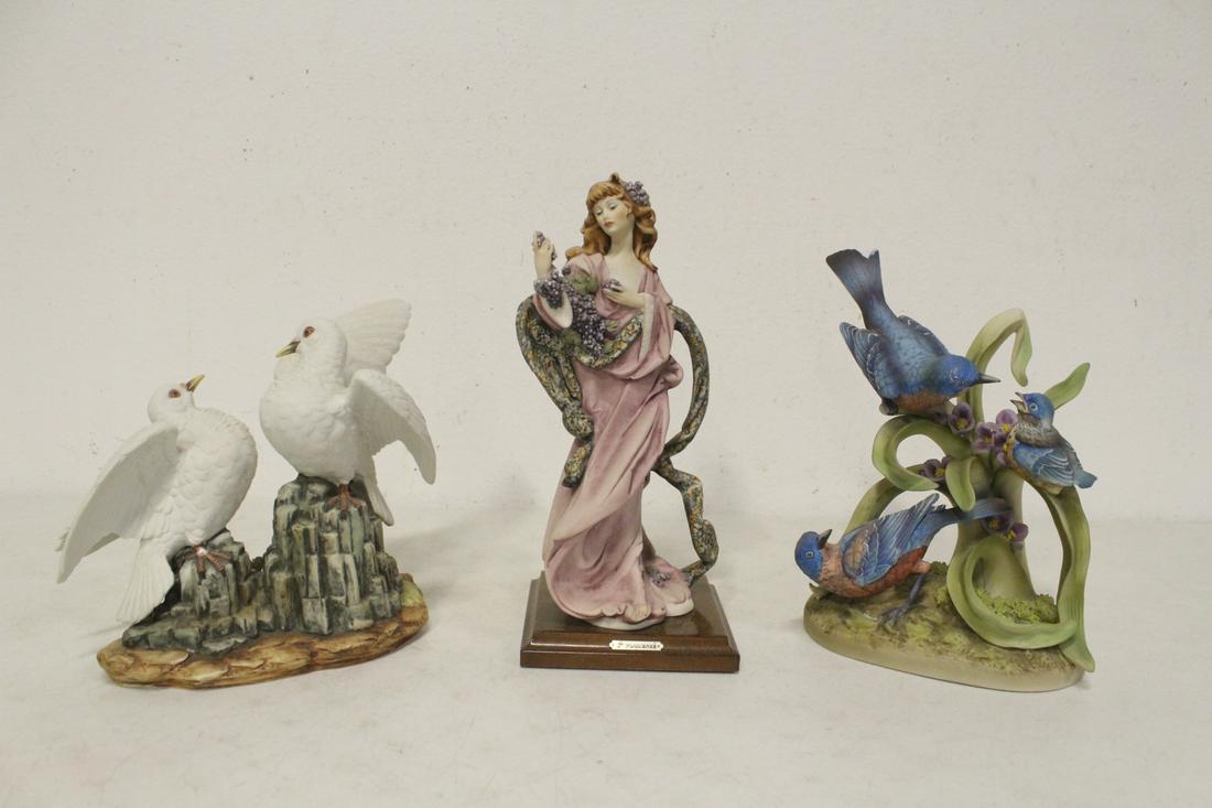 2 bisque birds and a capodimonte sculpture: 2 bisque birds (one has chip, 10.25"H, 8.5"H) and a beautiful capodimonte sculpture of girl (11"H)
