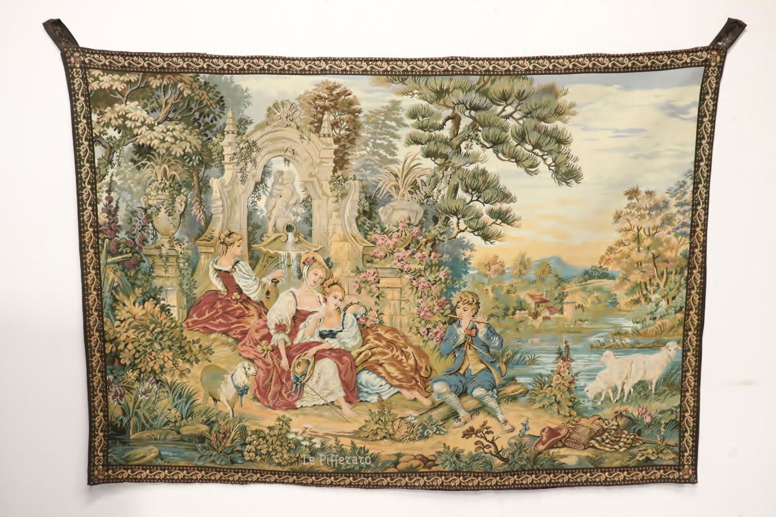 A large wall hanging tapestry: A large wall hanging tapestry depicting garden scene, 53.5"x77"