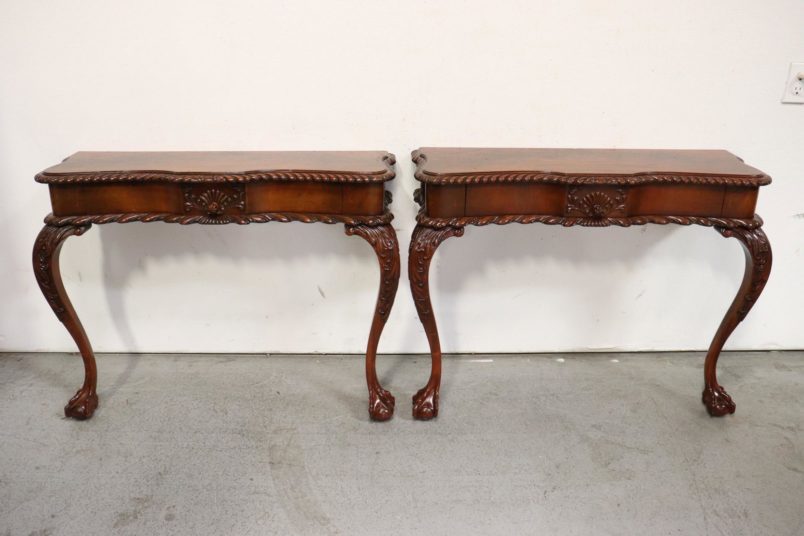 Pair antique mahogany console table: Pair antique mahogany console table, it appears to be cut open from a single table, 28.5"Hx38.5"x12" each