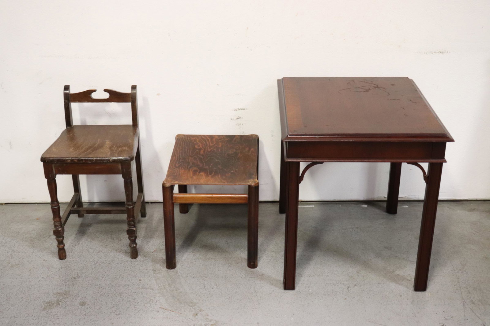 mahogany table, a bench, and a small chair: 3 pieces; a mahogany rectangular table (24.25"Hx25.75"x21.75"), a bench (14.4"Hx19"x14"), and a small chair (23.75"Hx13.5"x15.75")