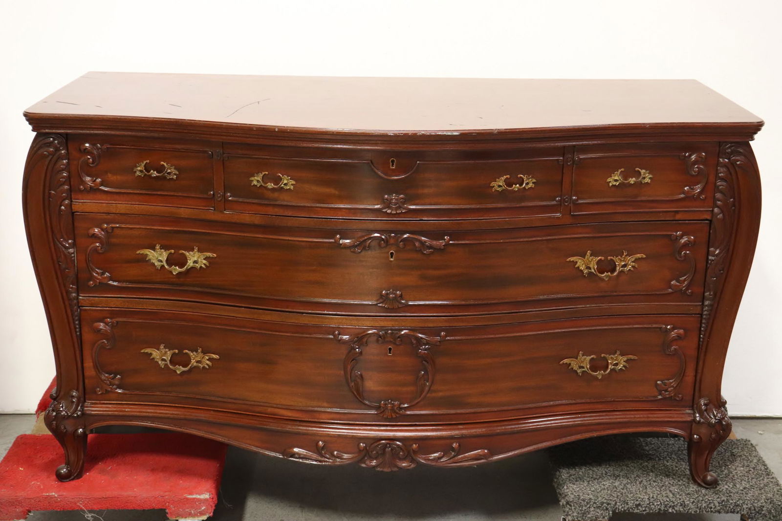 French antique mahogany bow front chest of drawers: A beautiful French antique mahogany bow front chest of drawers, 33.25"Hx62"x26"