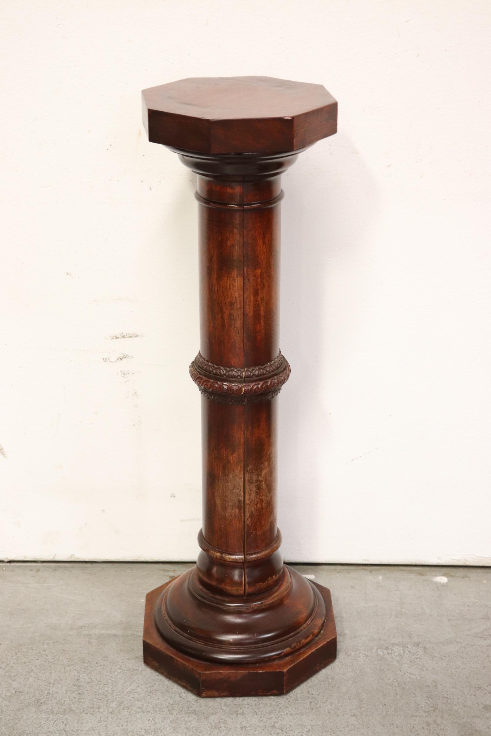 Mahogany wood pedestal, wood split on bottom: Mahogany wood pedestal, wood split on bottom, 35.8"Hx13.4"dia