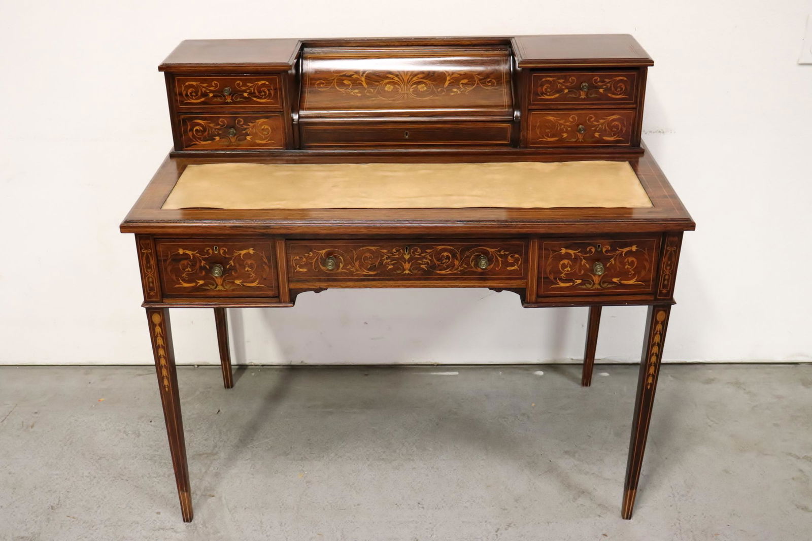 A beautiful French antique inlaid lady's desk: A beautiful French antique inlaid lady's desk, legs have repair, 37.5"Hx42"x23.5"