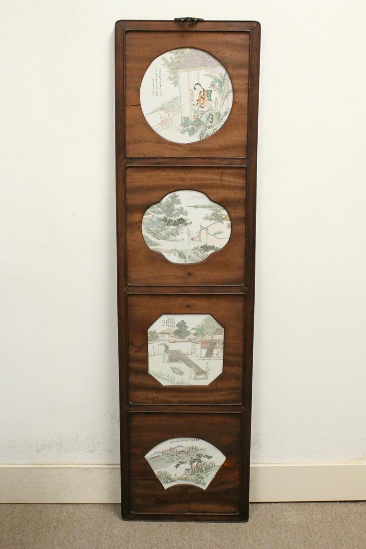 Framed antique porcelain plaques by Yu Huan Wen: An important Chinese antique panel (61.5"x16.35"x1") with 4 antique porcelain plaques (10.55"dia, 8.7"x10.5", 9.1"x9.1", 7.25"x10.4") painted with various garden scenes and landscape scenes by Chinese