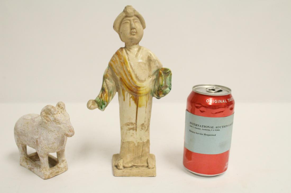 2 sancai style pieces; a figure and a ram: 2 sancai style pieces; a figure (9.25"H) and a ram (4.25"H)