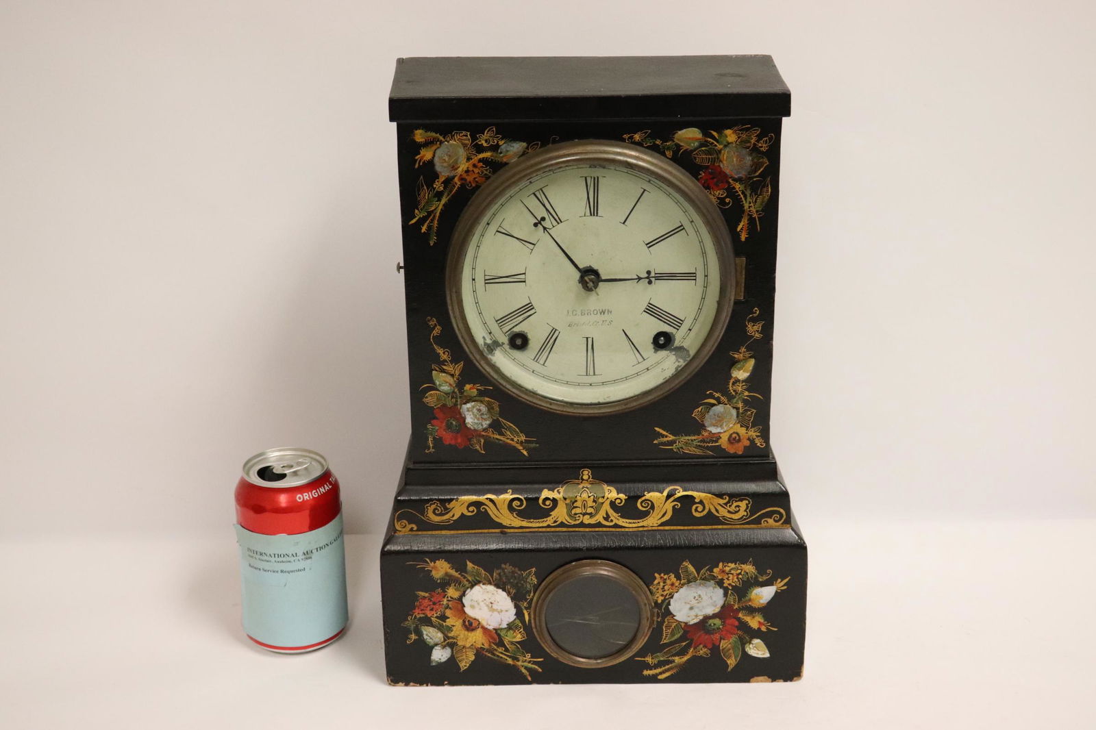 antique painted paper mache key-wind clock (1 of 9)