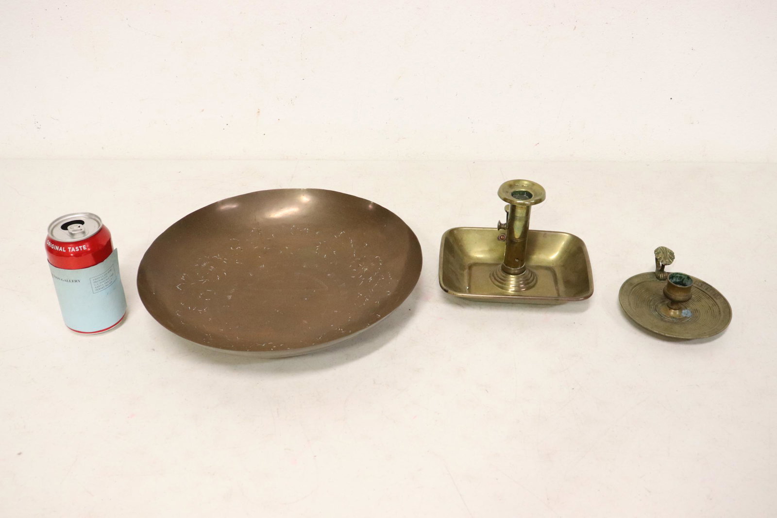 Antique brass platter and 2 brass chamber lights: Antique Chinese brass platter (2.38"Hx12.1"dia) and 2 antique brass chamber lights (5"Hx6.75"x6", 1.8"Hx5.35"x4.6")