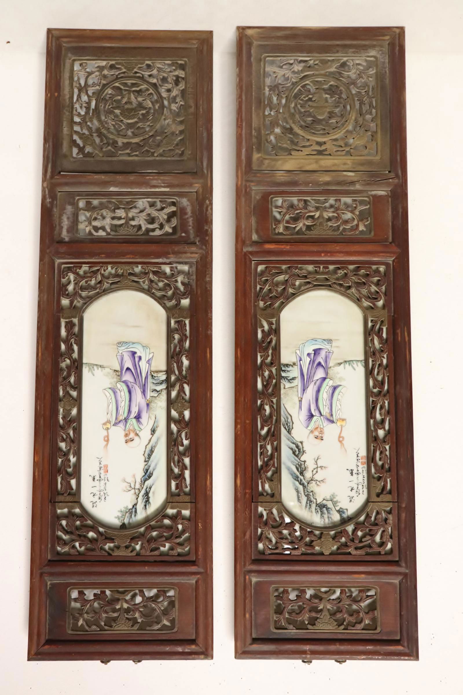 Pair Chinese framed famille rose porcelain plaques (1 of 10)