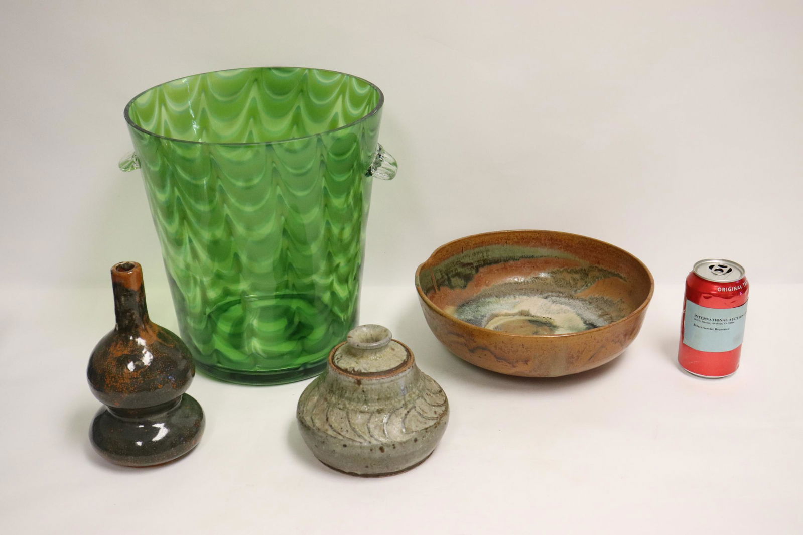 3 piece pottery and a large art glass bucket (1 of 9)