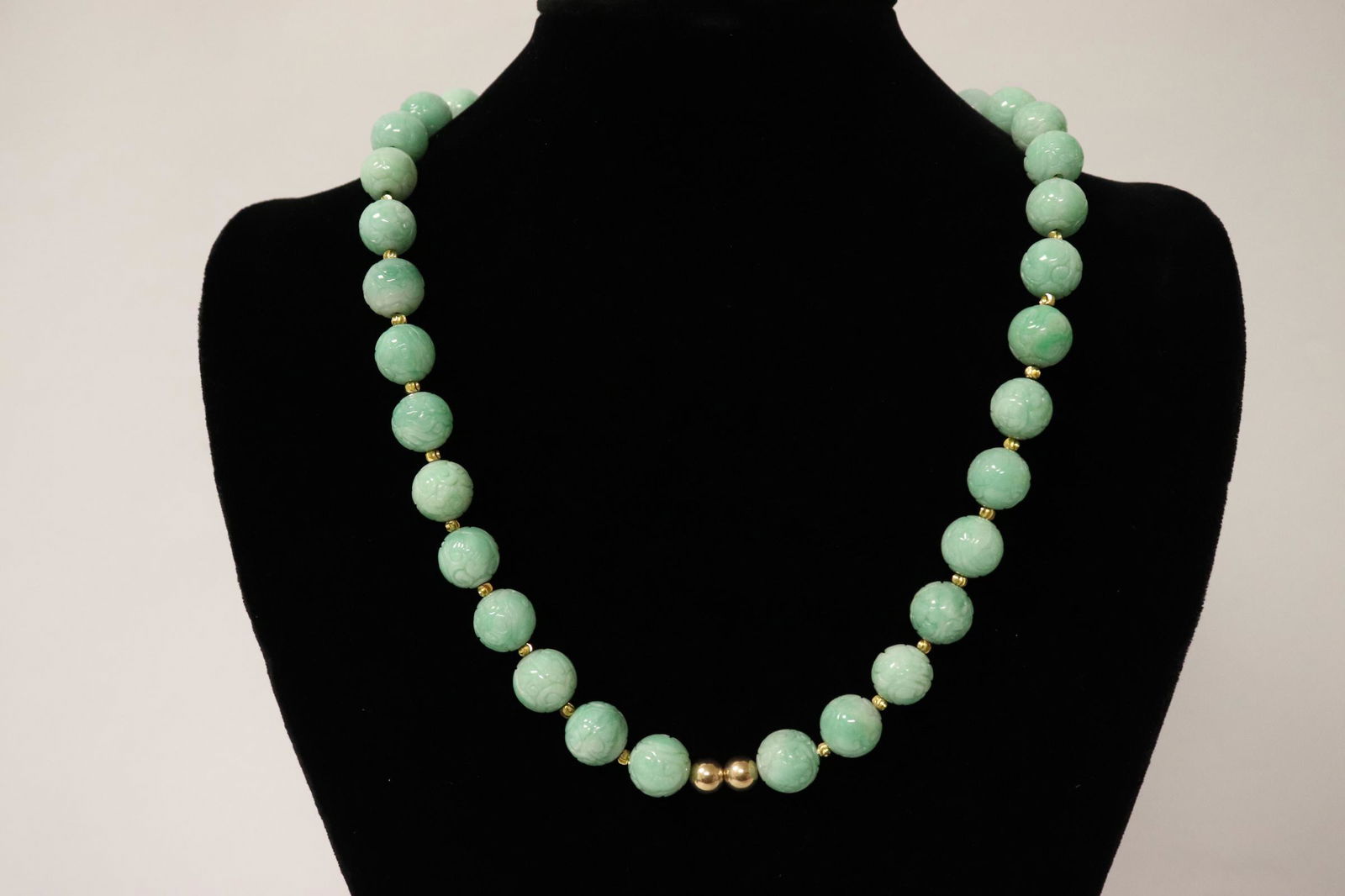 A beautiful apple green jadeite carved necklace (1 of 11)