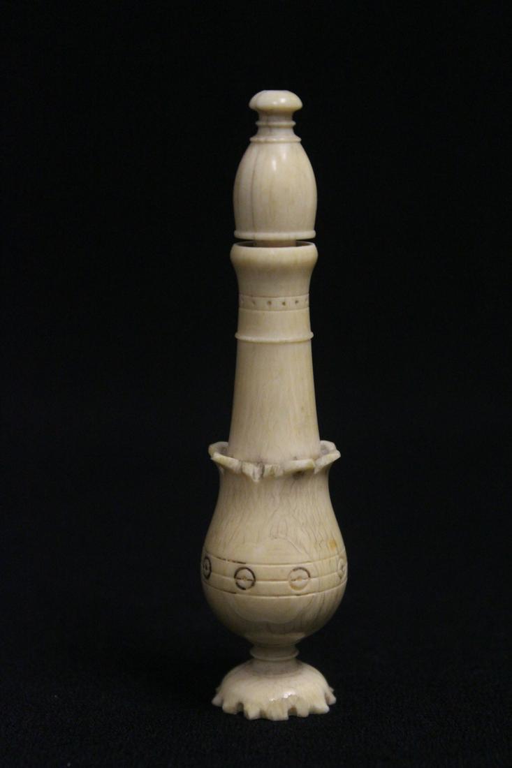 Japanese bone carved netsuke in pill box motif: Japanese bone carved netsuke in pill box motif, 3.45"H