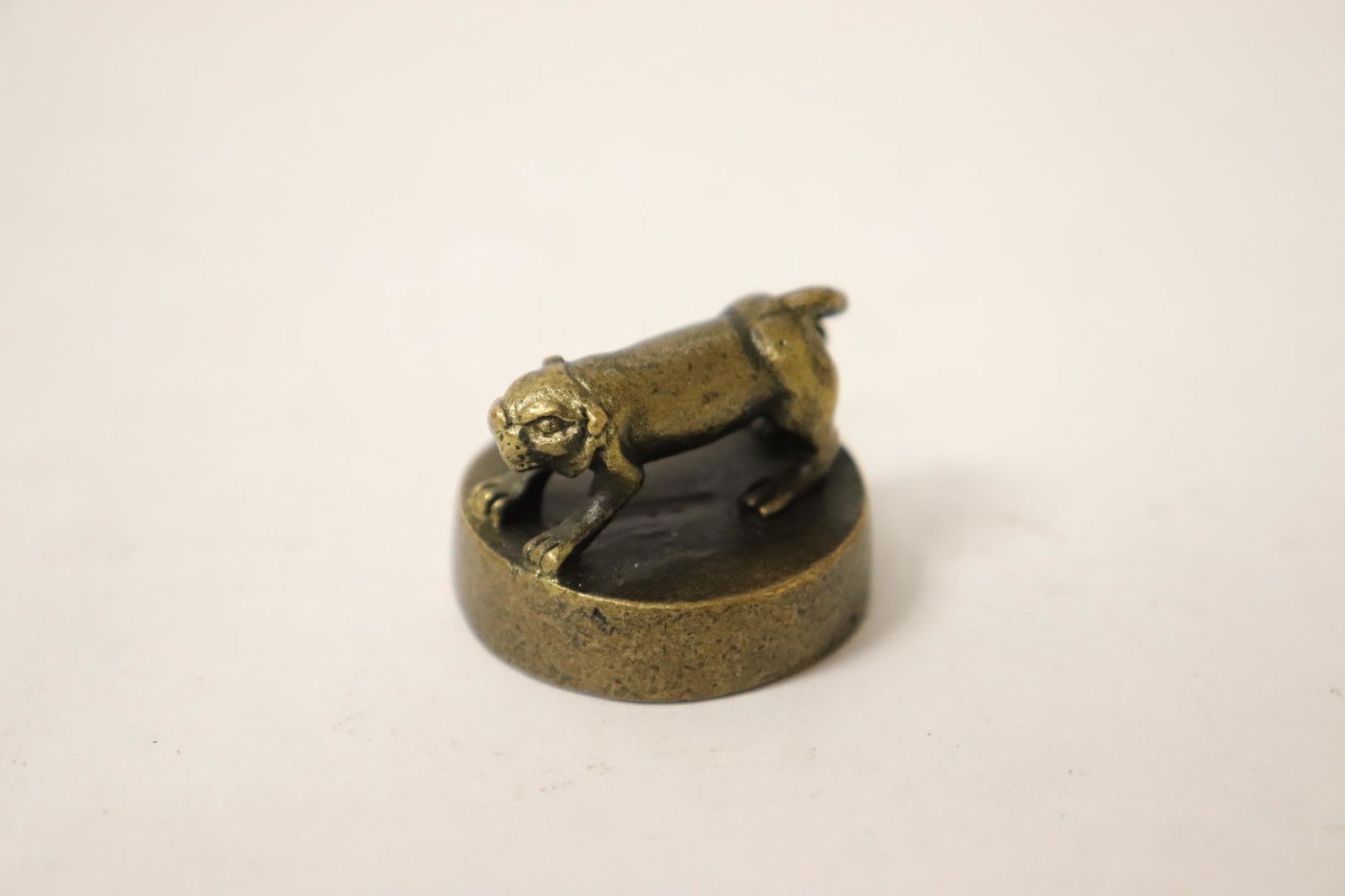 Chinese antique bronze seal with qilin motif finial: Chinese antique bronze seal with qilin motif finial, 0.85"Hx1.13"dia