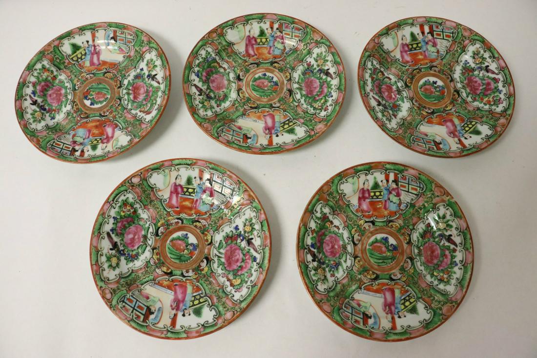 5 Chinese rose canton small plates, flea bites (1 of 10)