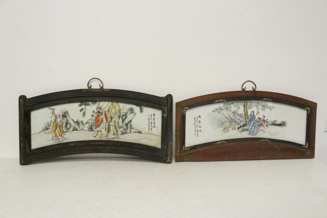 Pair framed famille rose porcelain plaques (1 of 10)