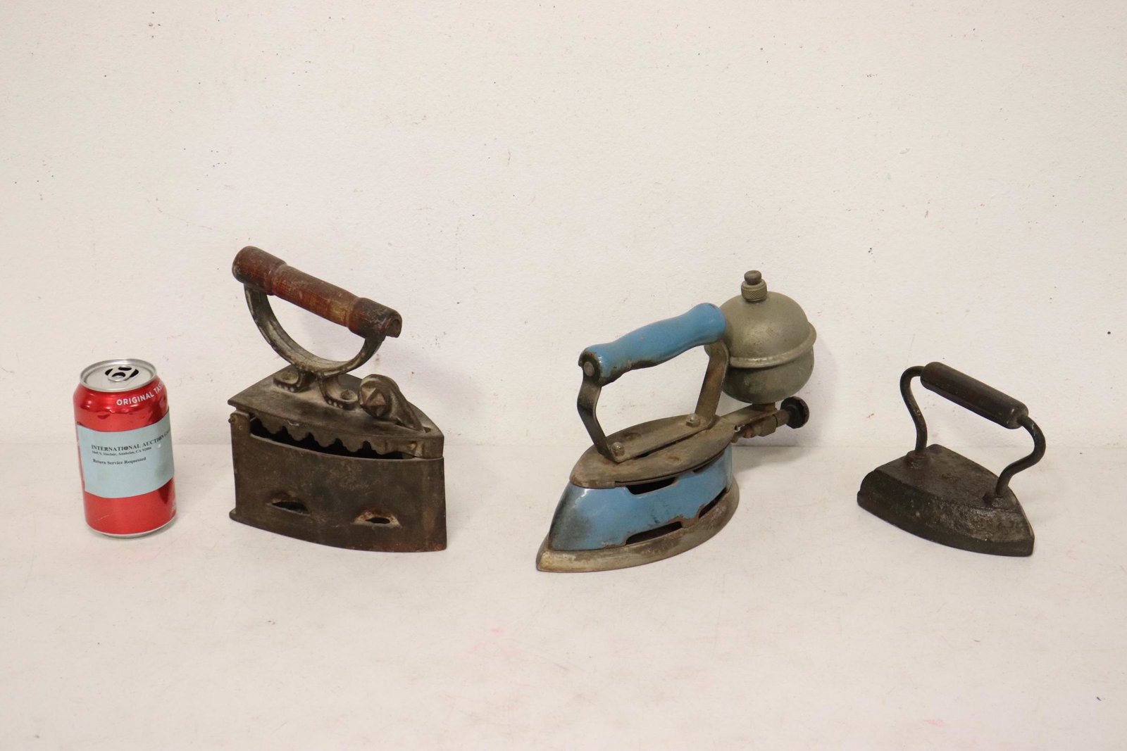 3 vintage irons; one has painting on bottom: 3 vintage irons; one has painting on bottom, 4.5"H - 8.25"H